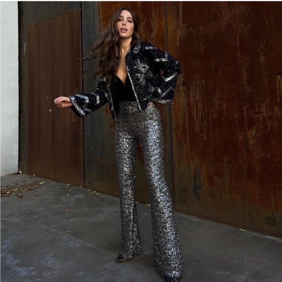 ZARA FLARED SEQUIN LEGGINGS - Picture 7 of 13